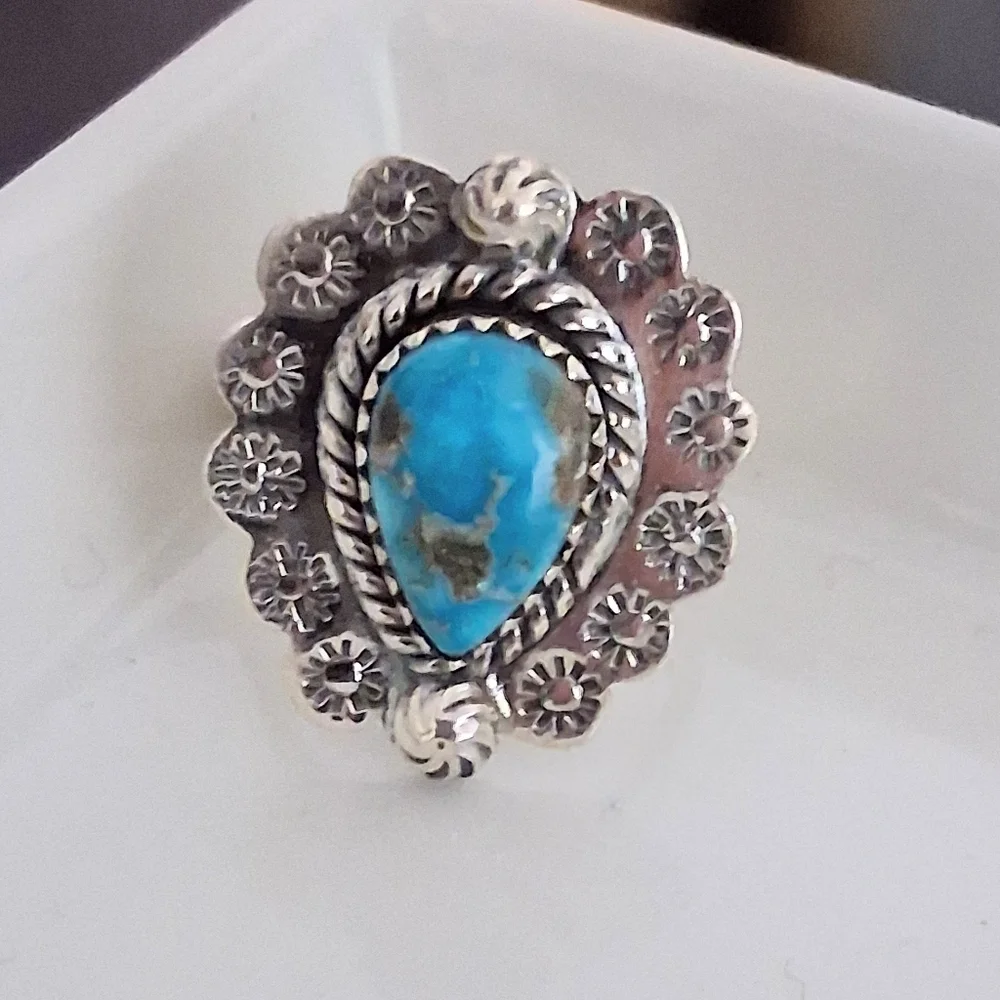 KINGMAN TURQUOISE TEARDROP RING 925 STERLING SILVER ADJUSTABLE SIZE 7-9